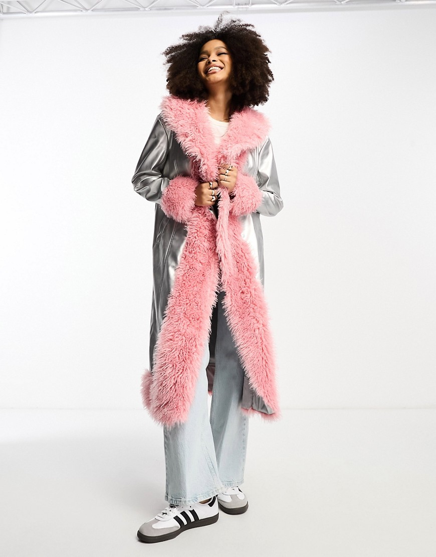 Annorlunda Metallic Faux Shearling Edged Coat In Silver And Pink-multi