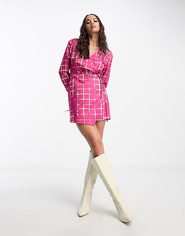 Annorlunda neon check cut-about tailored blazer dress in bright pink