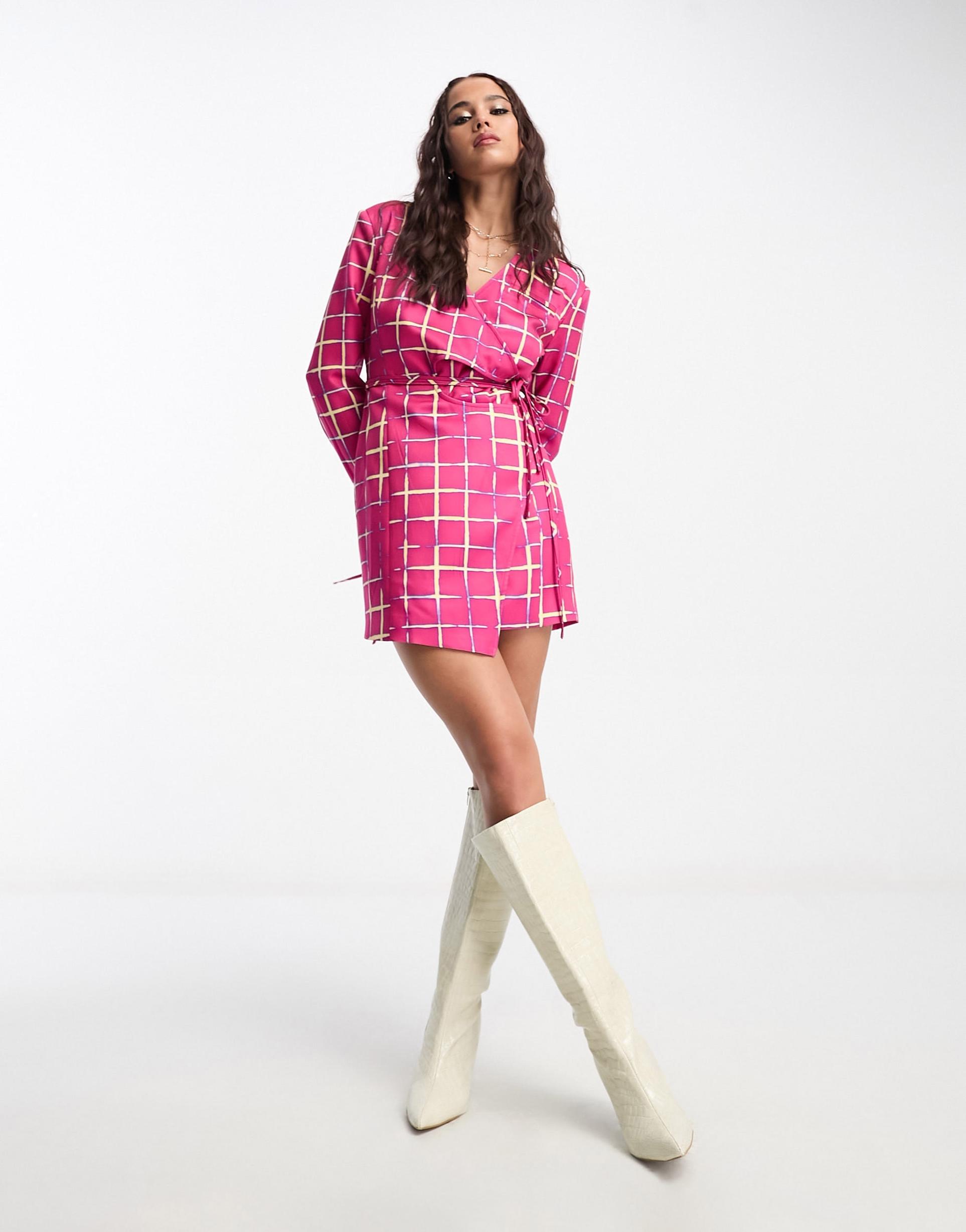 annorlunda neon check cut-about tailored blazer dress in bright pink