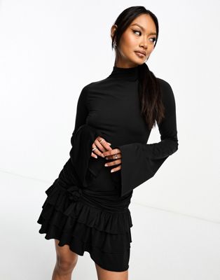open back ruffle detail mini dress with corsage-Black
