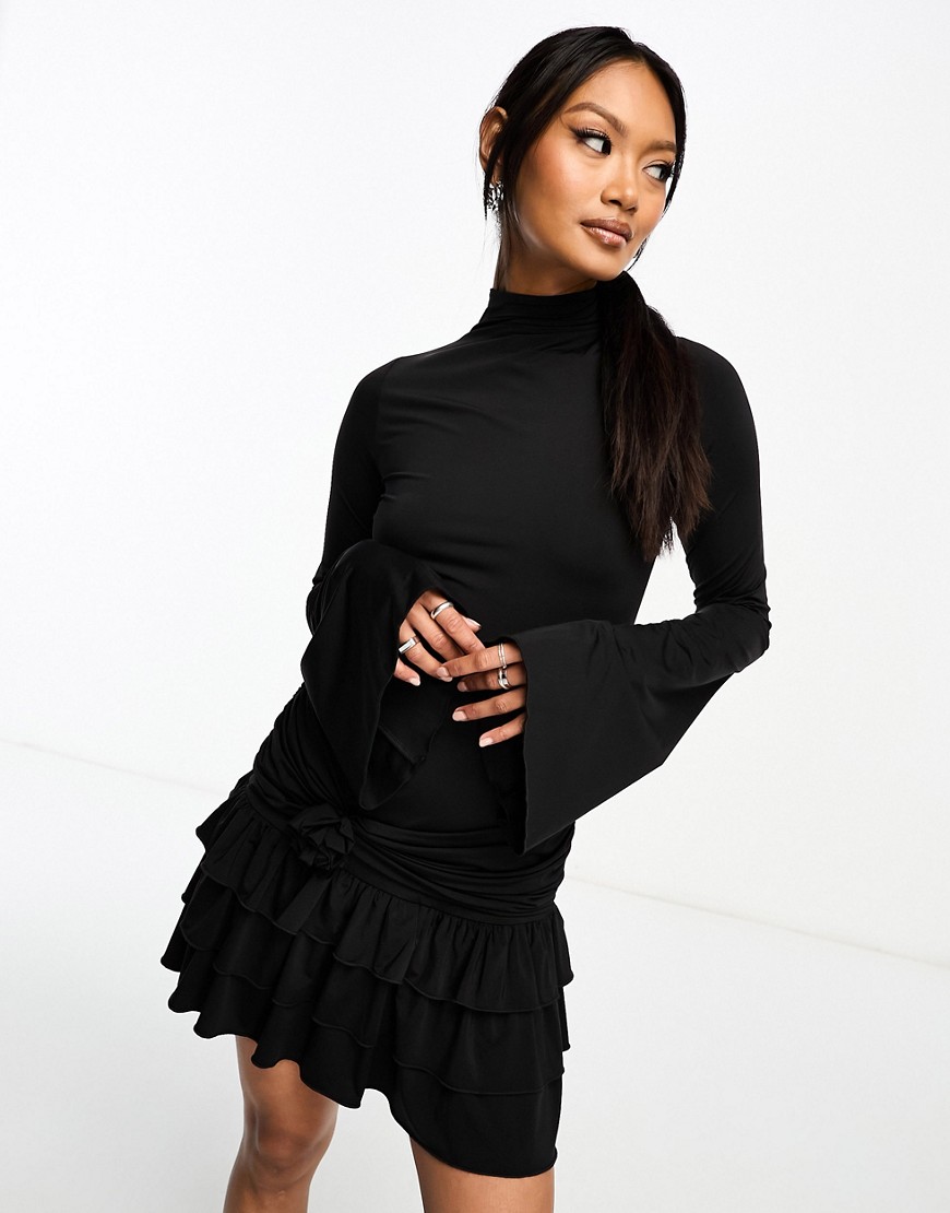 Annorlunda Open Back Ruffle Detail Mini Dress With Corsage-black