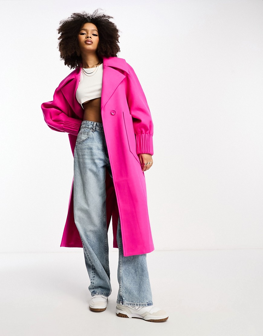 Annorlunda Pin Tuck Volume Sleeve Oversized Coat In Fuchsia Pink