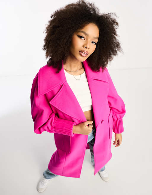 Annorlunda pin tuck volume sleeve oversized coat in fuchsia pink