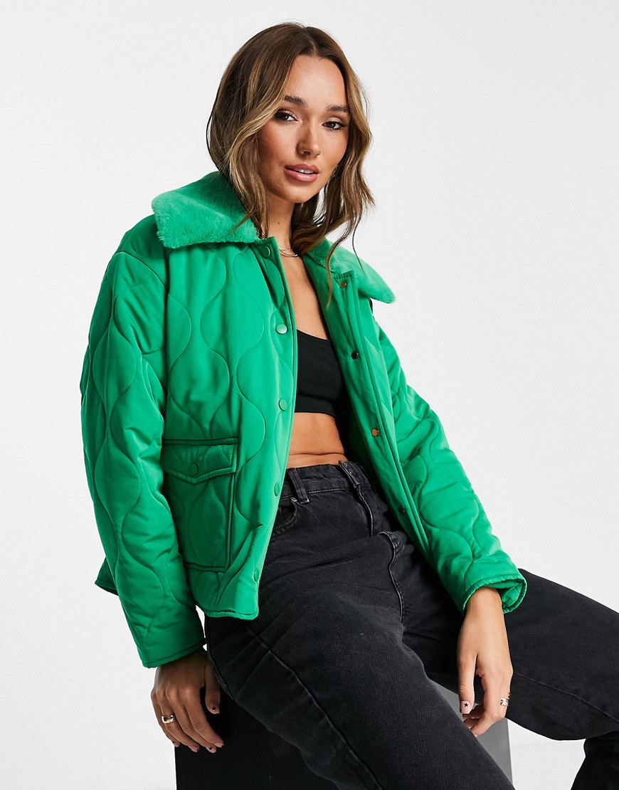 Annorlunda quilted jacket with faux fur collar in bright green