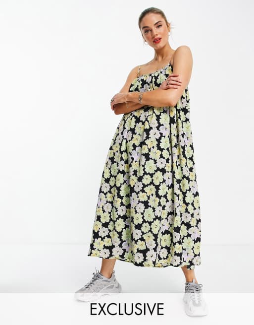 Annorlunda Robe babydoll longue à bretelles fines et imprimé fleuri