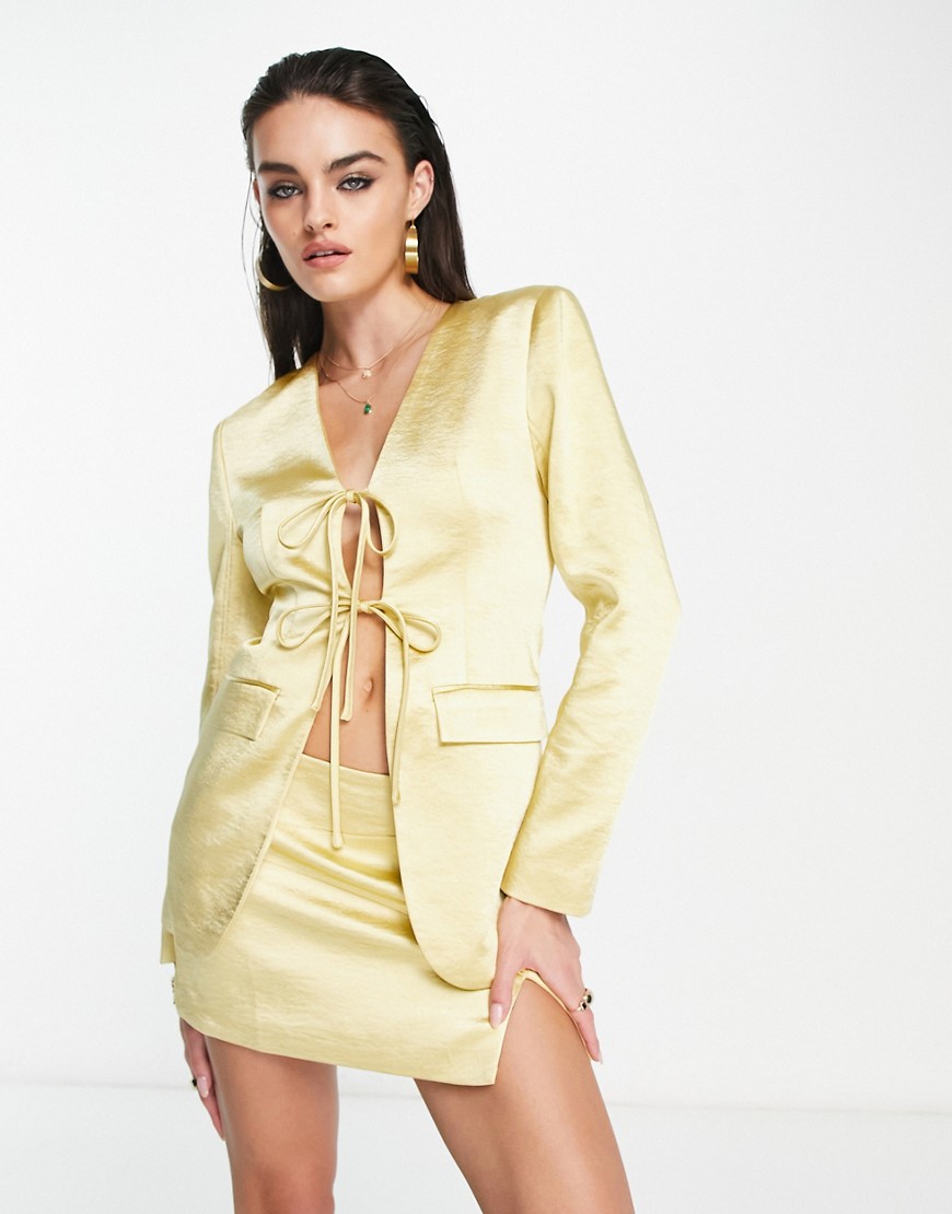 Annorlunda satin exaggerated shoulder tie front blazer co-ord in gold