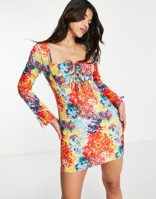 sea snake print long sleeve tie detail mini dress in multi