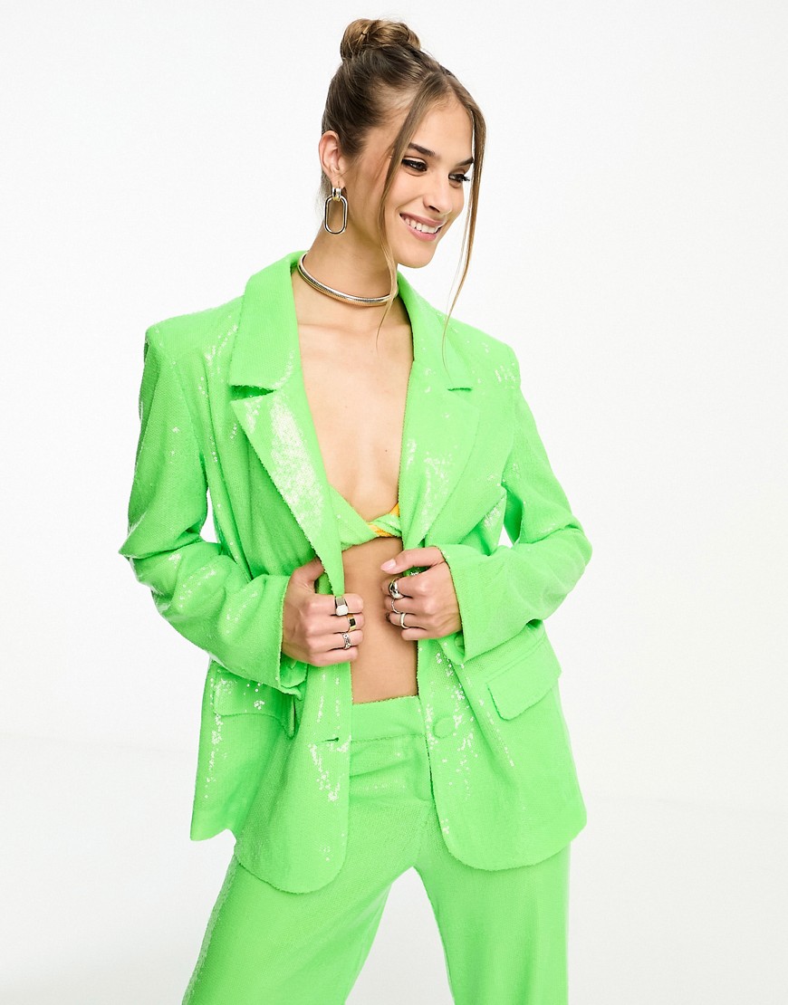 Annorlunda Sequin Oversized Suit Blazer In Bright Green-multi