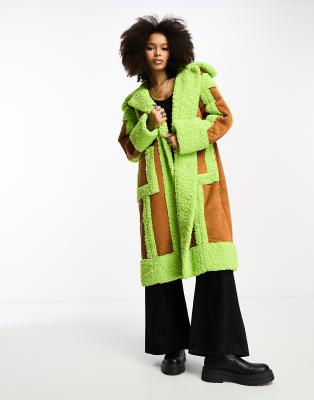 Annorlunda shiny faux shearling edged coat in ginger and lime - ASOS Price Checker