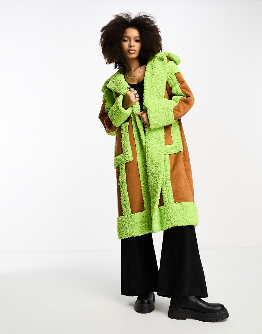 Annorlunda Shiny Faux Shearling Edged Coat In Ginger And Lime-multi