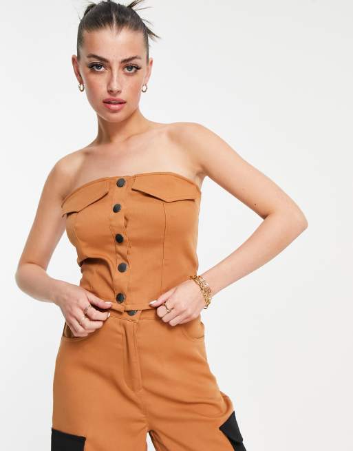 Annorlunda - Strapless korsettop met drukknopen aan de voorkant en contrasterende stiksels, deel van co-ord set