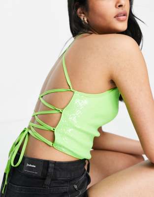 Green Print Sheer Textured Stripe Bandeau Crop Top