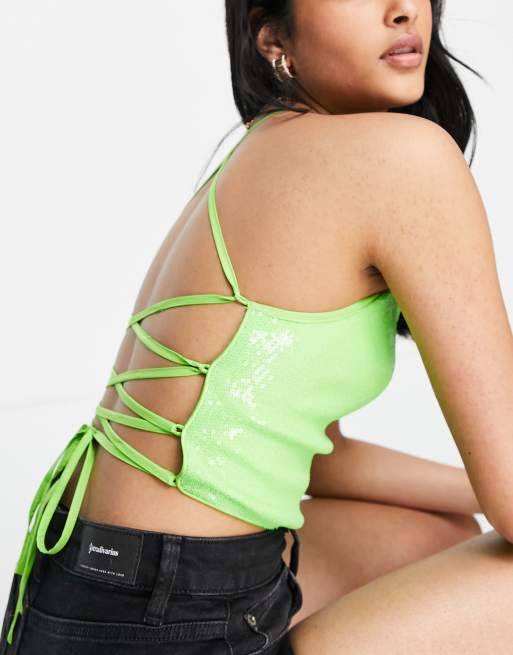 Annorlunda strappy back sequin crop top in lime