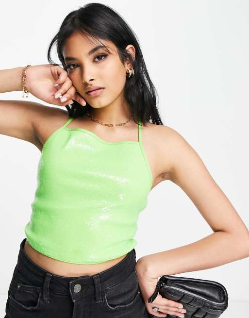 Annorlunda strappy back sequin crop top in lime