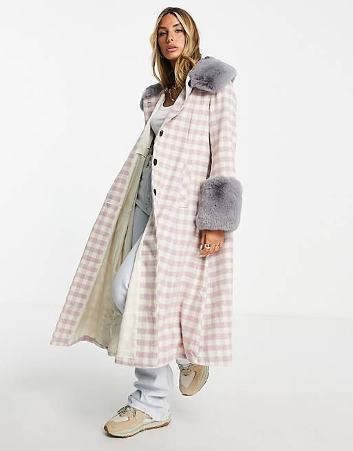 Annorlunda trapeze maxi coat in wool feel check with contrast faux fur cuffs and collar