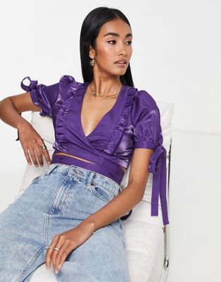 two tone puff sleeve crop blouse in purple