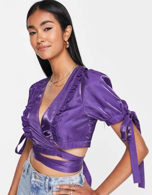 purple crop top with puff sleeves