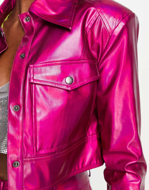 Annorlunda - Veste d'ensemble imitation cuir holographique à épaulettes larges - Raisin, 3 de 4