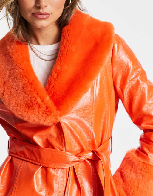 Annorlunda vinyl faux fur trim jacket in orange, 3 of 4