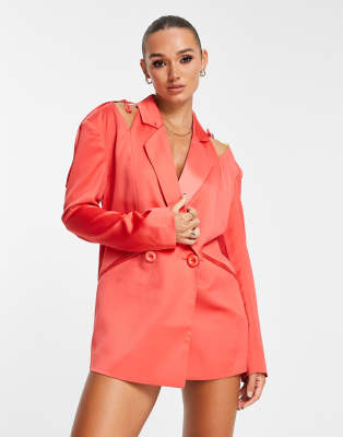 Annorlunda wide shoulder cut-out blazer dress in grenadine coral