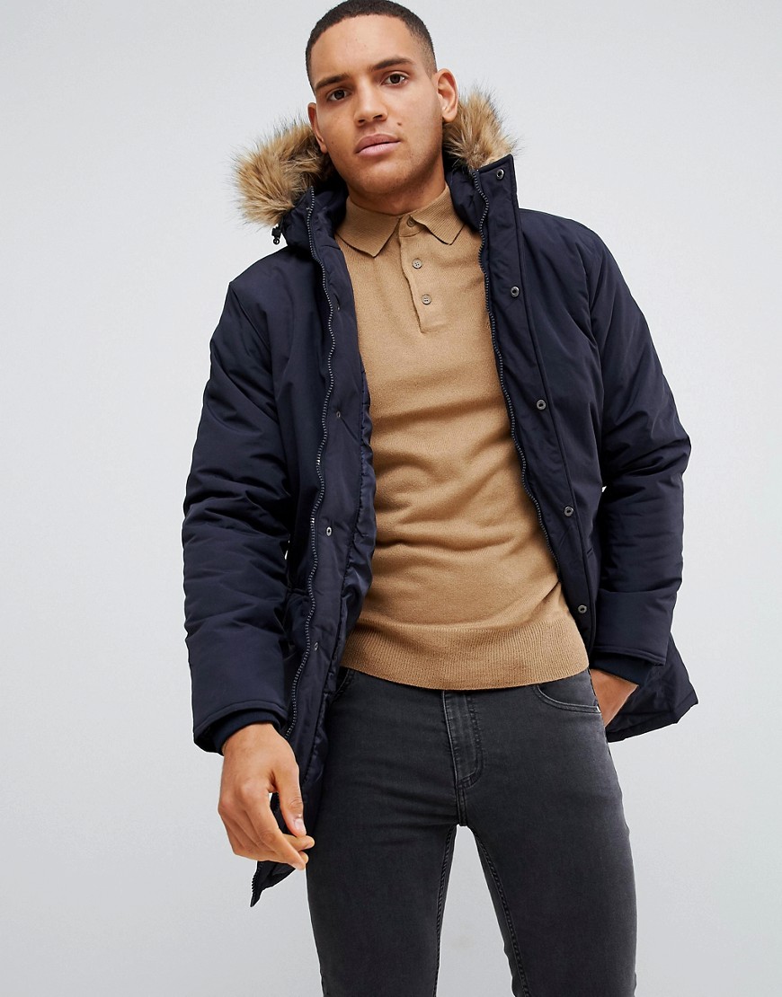 Anorak jakke med hætte i imiteret pels fra French Connection-Marineblå