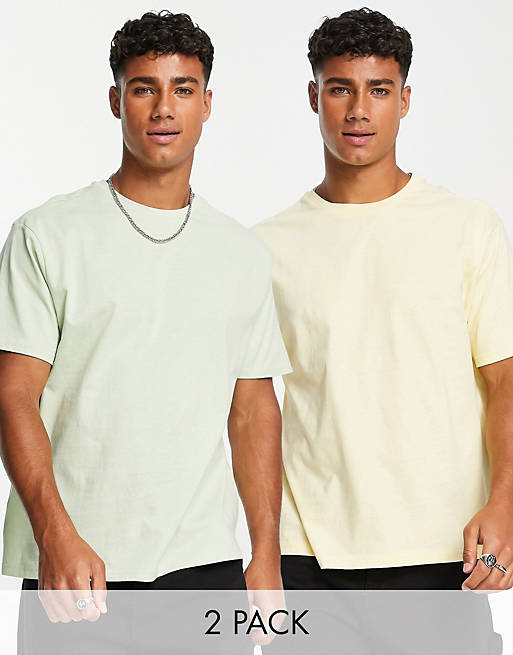 Another Influence 2 pack boxy fit t-shirts in pale yellow & green