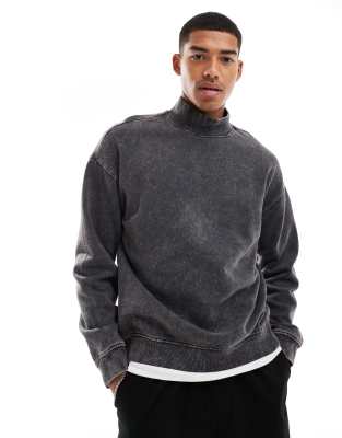 acid wash high neck crewneck top in black