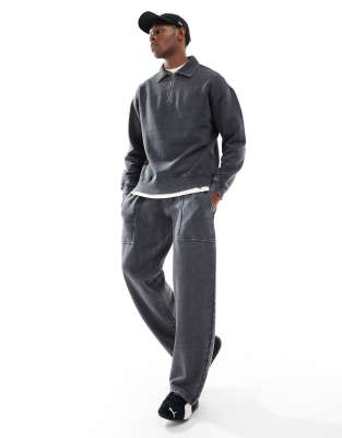 Another Influence Another Influence acid wash seam detail wide leg jogger co-ord in charcoal-Grey