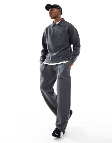 Another Influence acid wash seam detail wide leg sweatpants in charcoal - part of a set - view 1