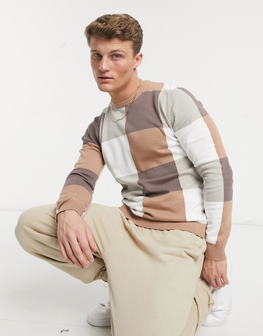 Another Influence aray musle fit crew neck jumper in brown