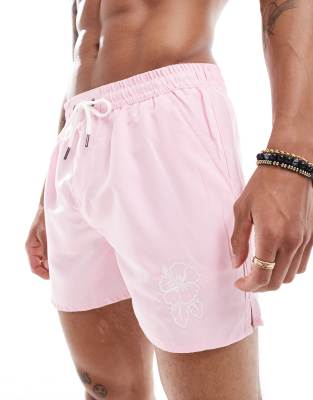 Another Influence – Badeshorts in Rosa mit Hibiskus-Stickerei, Kombiteil