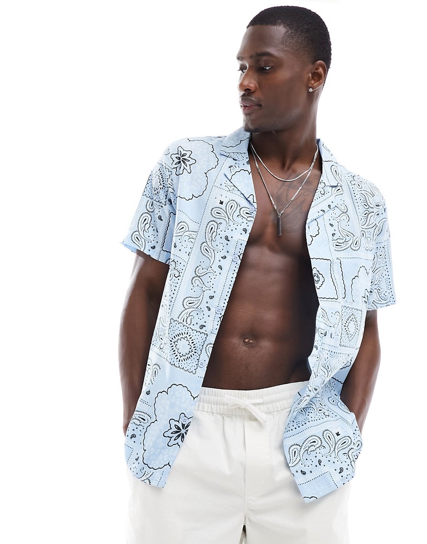 Another Influence beach shirt co ord in pale blue paisley