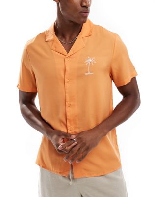 Another Influence Beach Shirt With Palm Embroidery In Apricot-orange