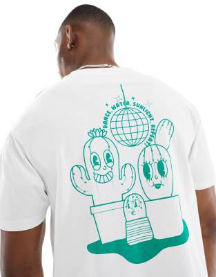 Another Influence – Biały T-shirt o pudełkowym kroju z grafiką z kaktusami