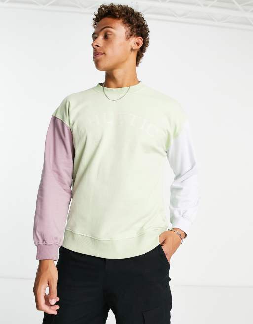 Another Influence – Blekgrön, blockfärgad sweatshirt i collegestil