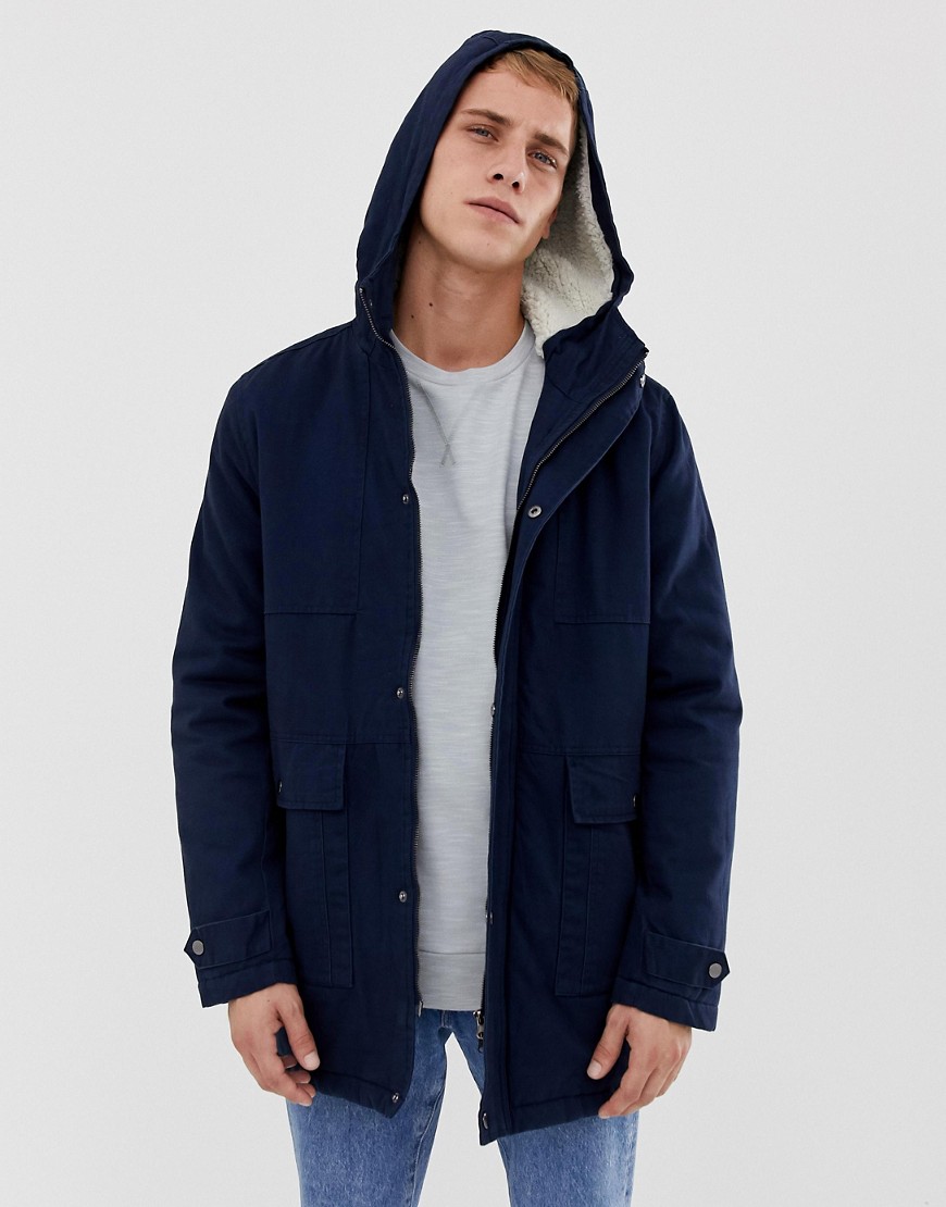 Another Influence Borg Lined Hooded Parka Jacket-Navy