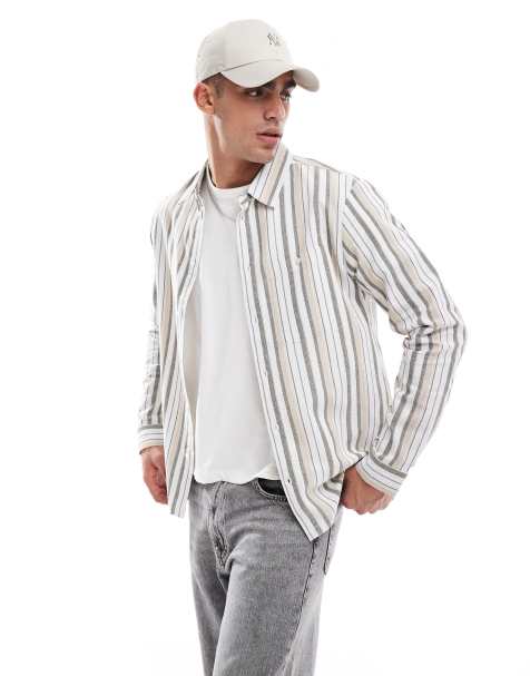 Another Influence striped patch pocket shirt in brown