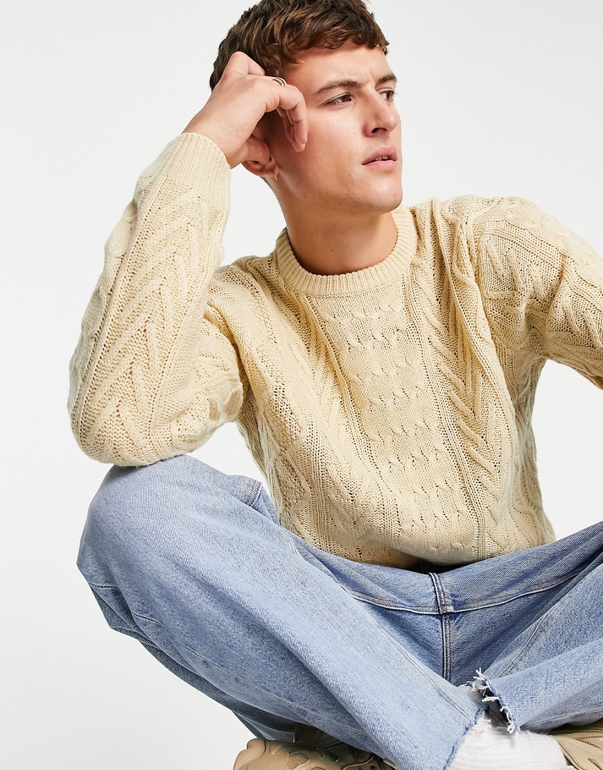 Another Influence cable knit crew jumper in stone-White