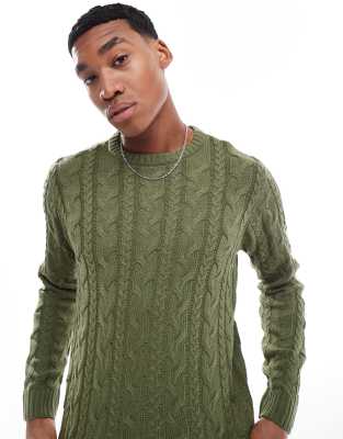 Another Influence Another Influence cable knit round neck jumper in khaki green