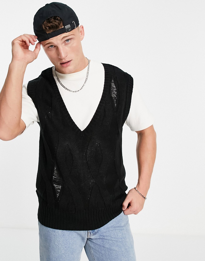 Another Influence cable knit sweatervest in black