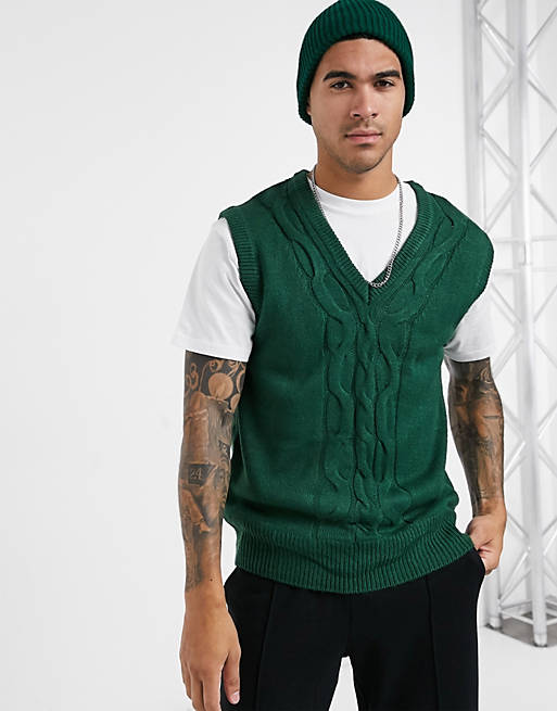Another Influence cable pull over knit sweater vest in bottle green | ASOS