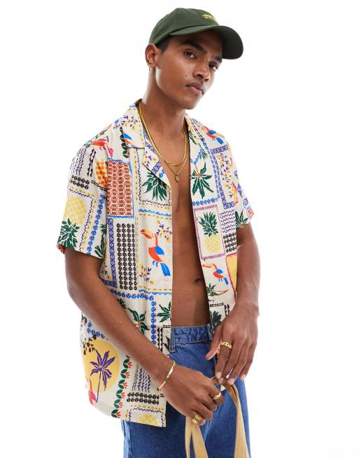 Another Influence - Camicia a maniche corte con colletto rever e stampa gialla