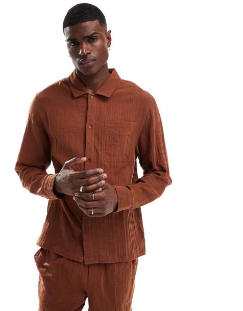 Another Influence - Camicia comoda a maniche lunghe in tessuto effetto garza color terracotta in coordinato - view 1