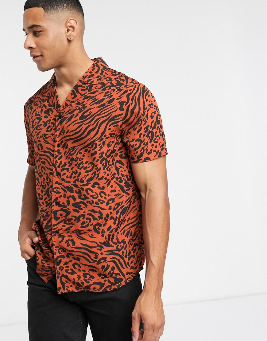 Another Influence - Camicia con colletto a rever in crêpe animalier-Rosso