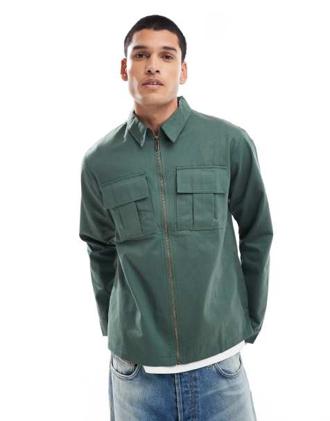Another Influence - Camicia multitasche kaki con zip - view 1