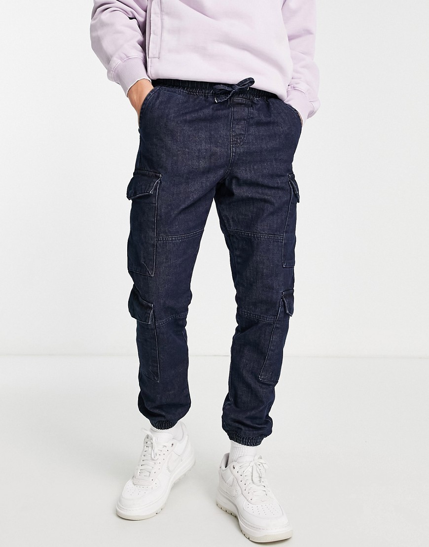 Another Influence Cargo Denim Sweatpants In Mid Blue