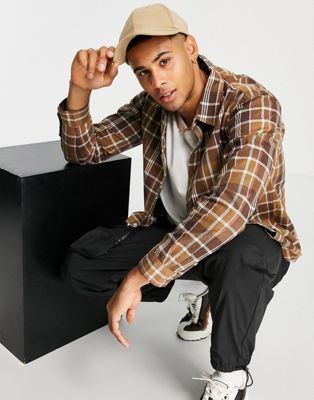 Another Influence check flannel overshirt in tan