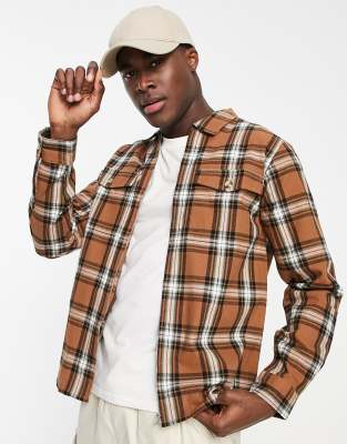 Another Influence Check Full Zip Heavyweight Overshirt In Rust-orange