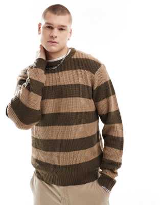 chunky striped round neck sweater in brown