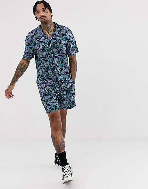Another Influence CO-ORD peacock print revere collar short sleeve shirt ...